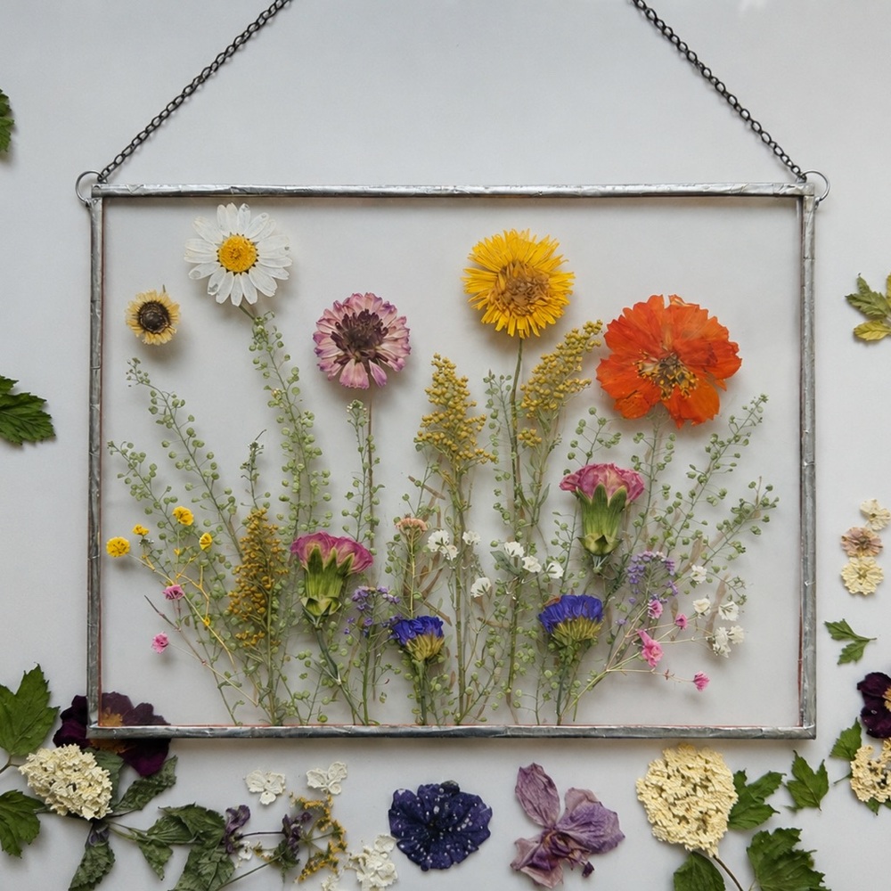 Pressed Wildflower Art in Glass Frame - Orange, Yellow, Pink, Purple
